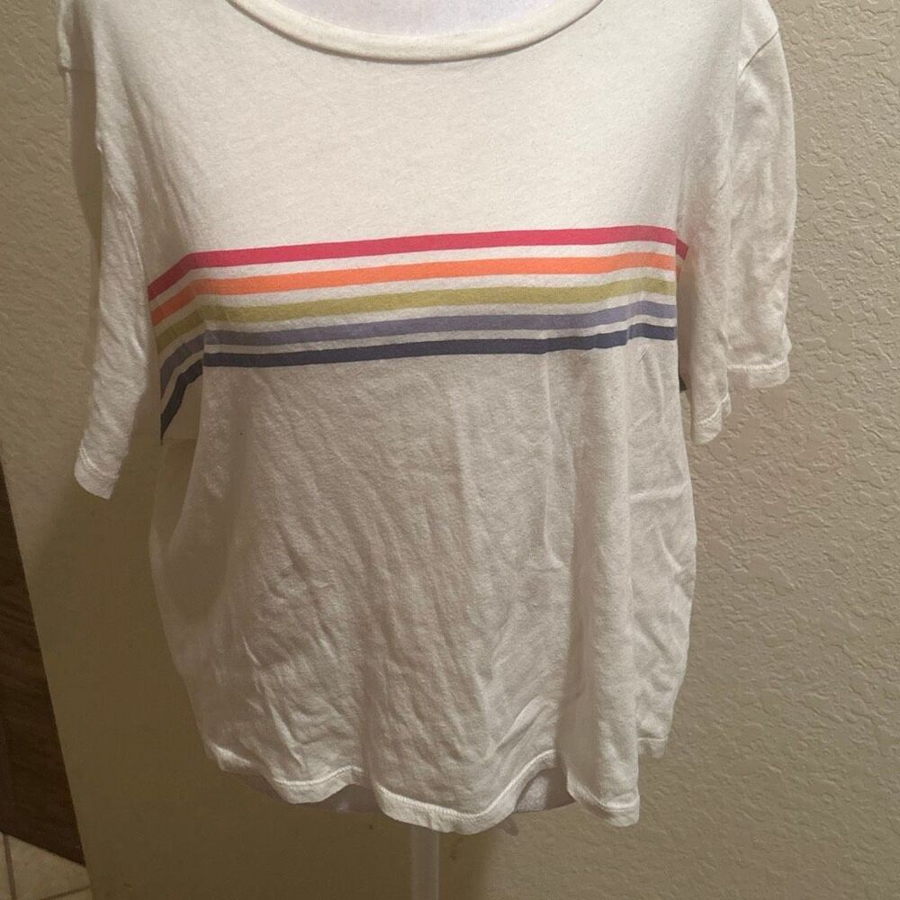 White Women's Stripe Crewneck Tee with Rainbow Bands